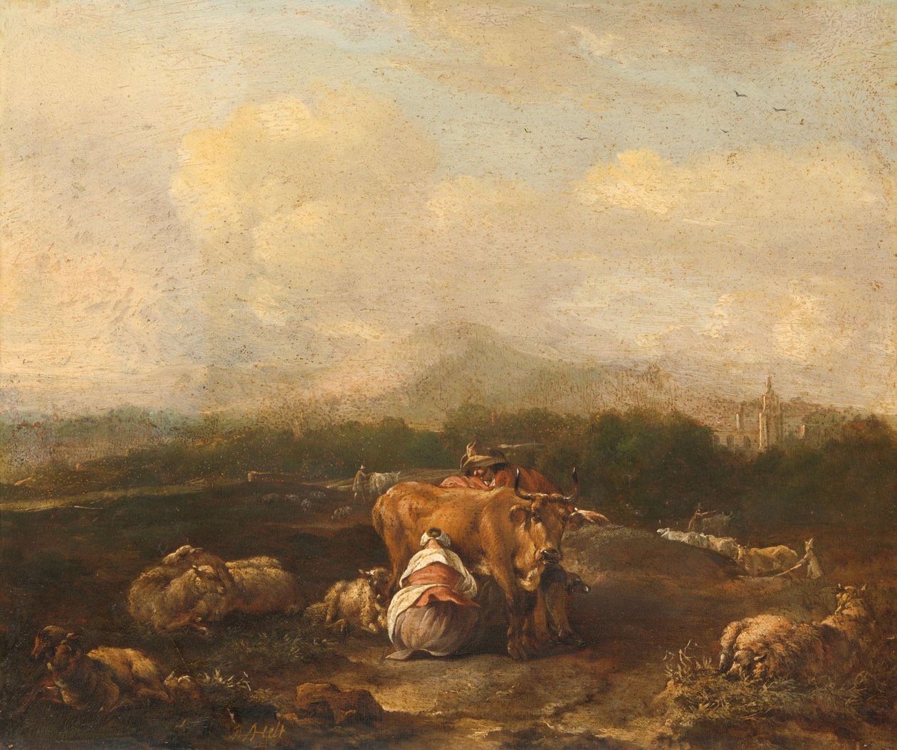 Italialainen maisema karjan kanssa tekijältä Nicolaes Van Helt Stockade