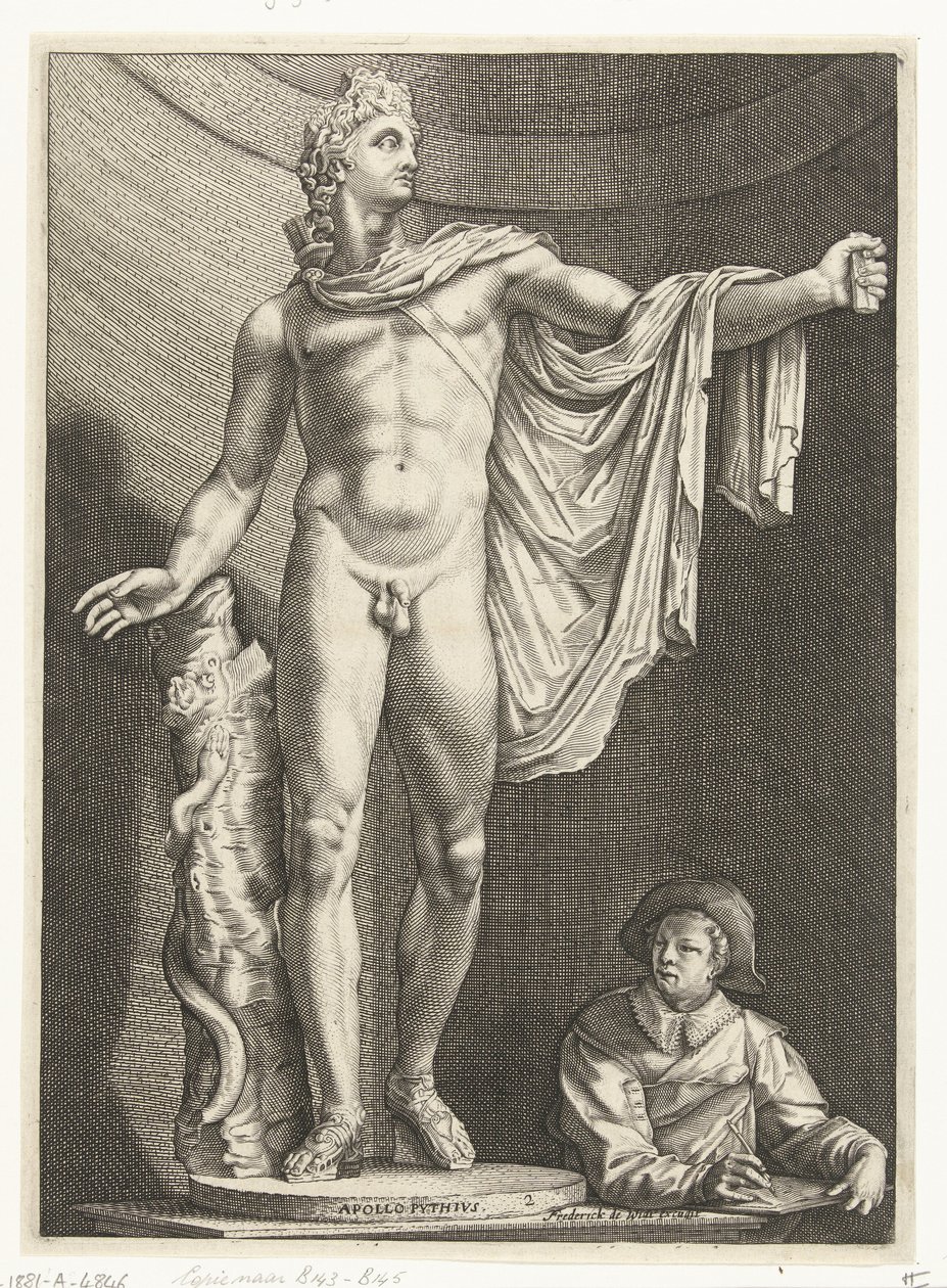 Apollo Belvedere Apollo Pythivs (otsikko esineessä) Kolme antiikkipatsasta Roomassa Goltziuksen jälkeen (sarjan nimi) tekijältä Nicolaes de Bruyn