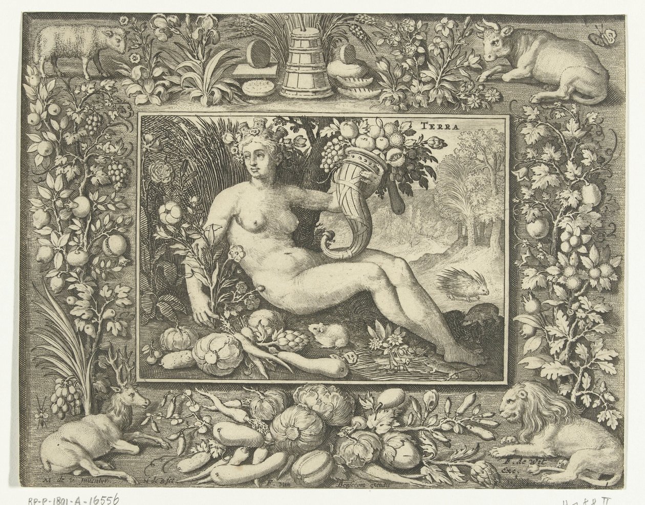 Element Earth alaston naisena runsaudensarvi Terra (otsikko esineessä) The Four Elements (sarjan nimi) tekijältä Nicolaes de Bruyn