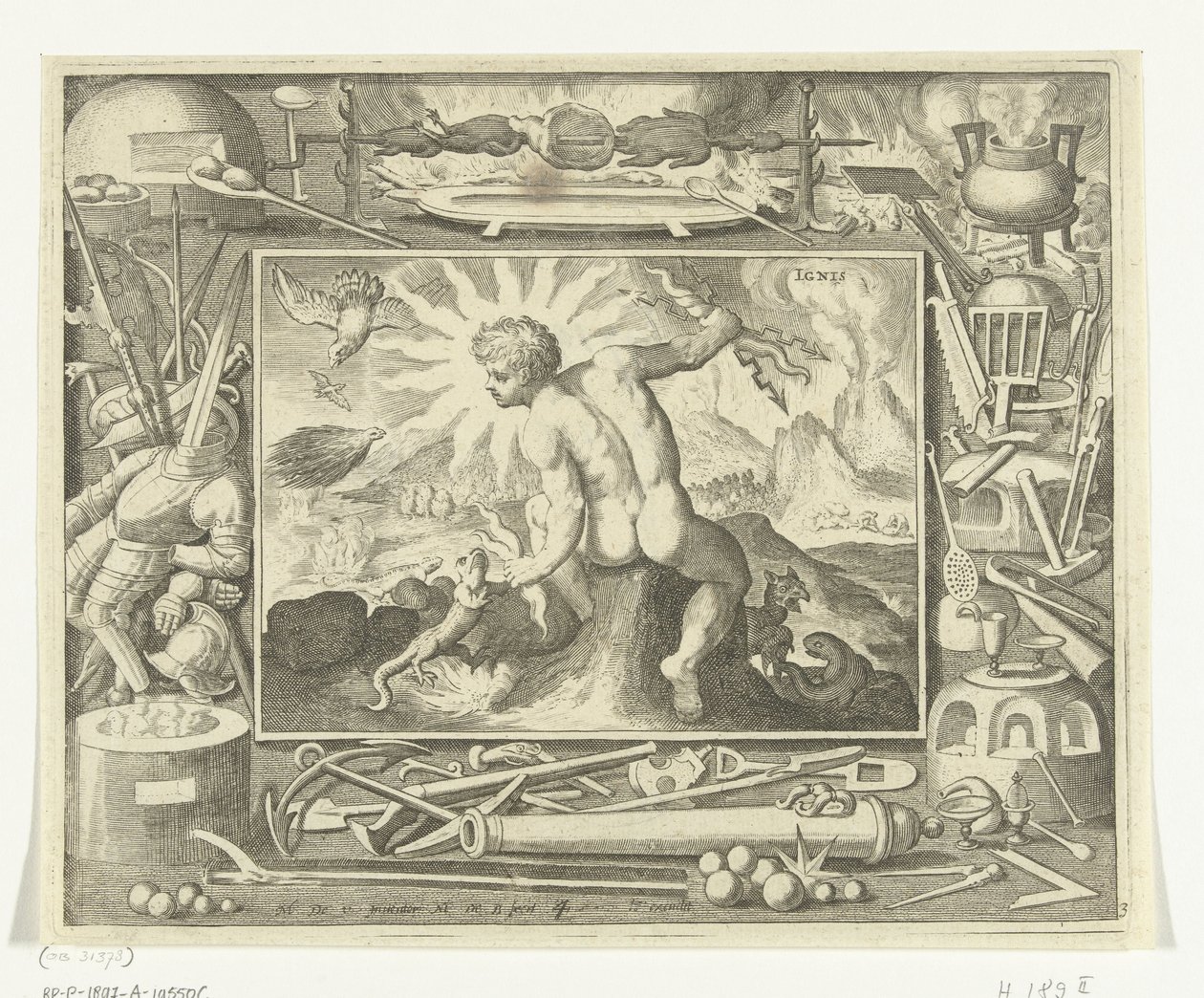 Tulen elementti nuorena miehenä salamavaloilla Ignis (otsikko esineessä) The Four Elements (sarjan nimi) tekijältä Nicolaes de Bruyn