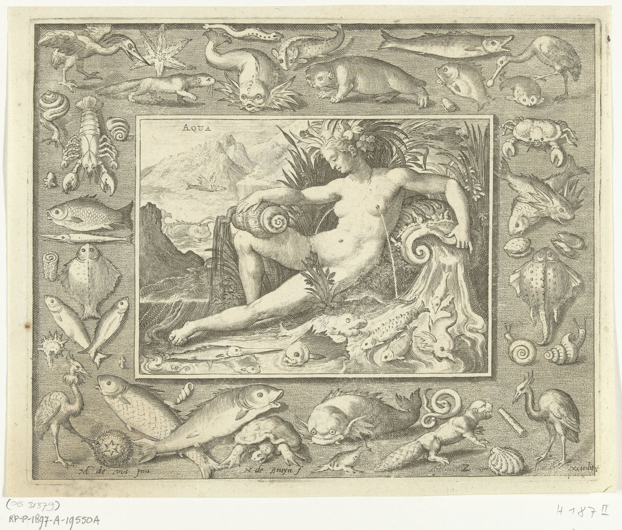 Elementti vettä naisena kaivossa kalan kanssa Aqua (otsikko esineessä) The Four Elements (sarjan nimi) tekijältä Nicolaes de Bruyn