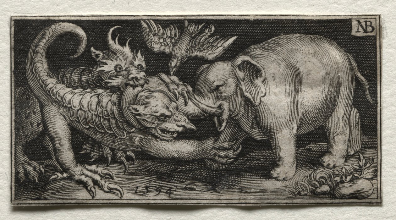 Elephant Fighting Two Beasts, 1594. tekijältä Nicolaes de Bruyn