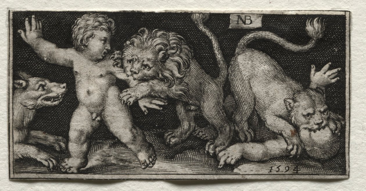 Lionit hyökkäävät lapsiin, 1594. tekijältä Nicolaes de Bruyn