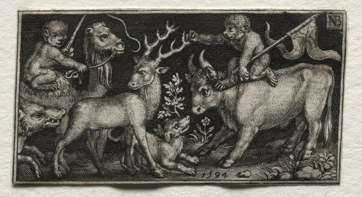Apinat kamelin ja härän selässä, 1594. tekijältä Nicolaes de Bruyn