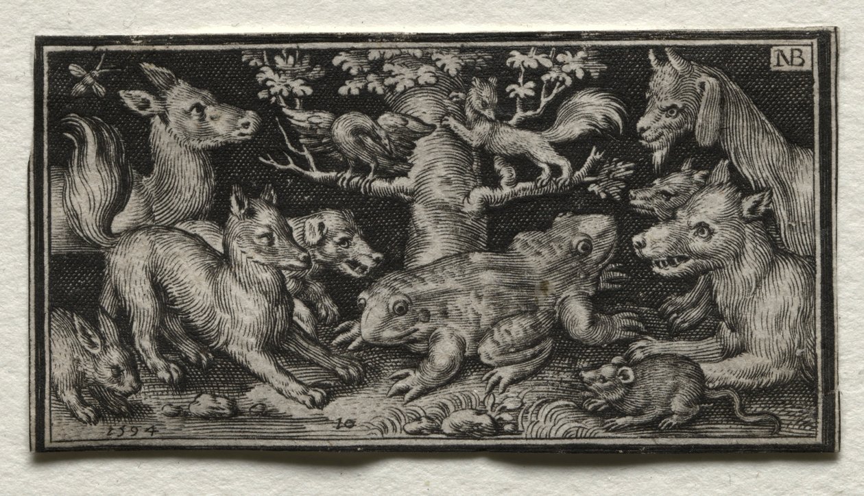 Kaksipäinen sammakko eläinten ympäröimänä, 1594. tekijältä Nicolaes de Bruyn