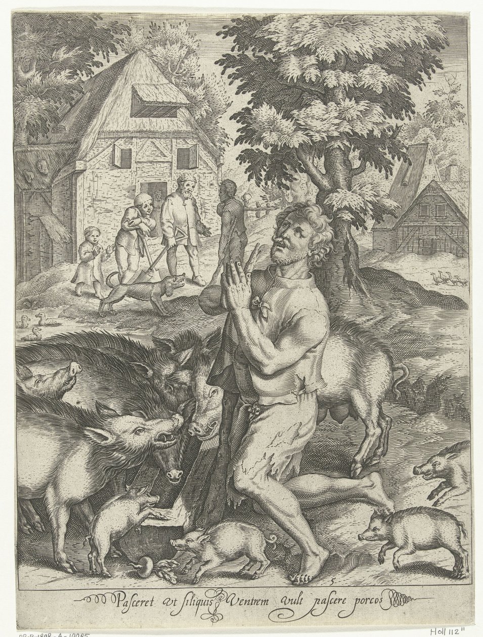 Tuhlaajapoika sikapaimena Pasceret vt siliquis ventrem täyttää pascere porcos (otsikko esineessä) Tale of the Prodigal Son (sarjan nimi) tekijältä Nicolaes de Bruyn