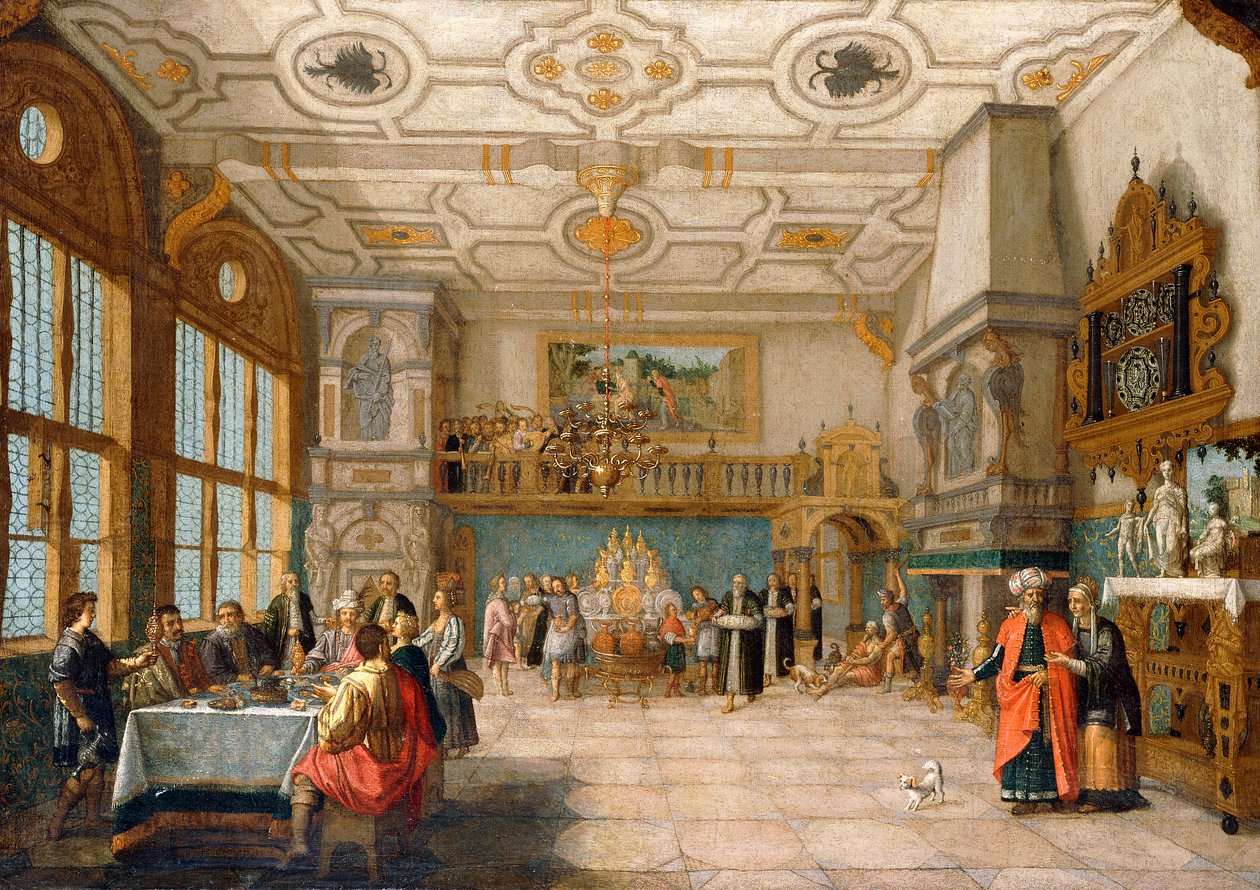 Lasarus juhlasalin ovella tyylikkäiden hahmojen ruokailutilassa, 1622 tekijältä Nicolaes de Gyselaer