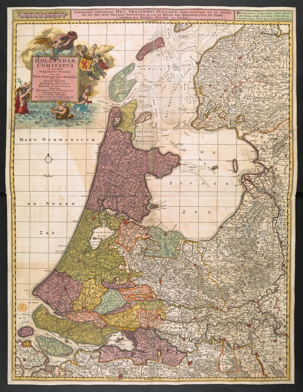 Hollannin kartta, jossa näkyy asutuksia, soita, metsiä, kukkuloita, teitä, jokia ja muita maantieteellisiä piirteitä, n. 1710 (värinen kaiverrus) tekijältä Nicolaes the Elder Visscher