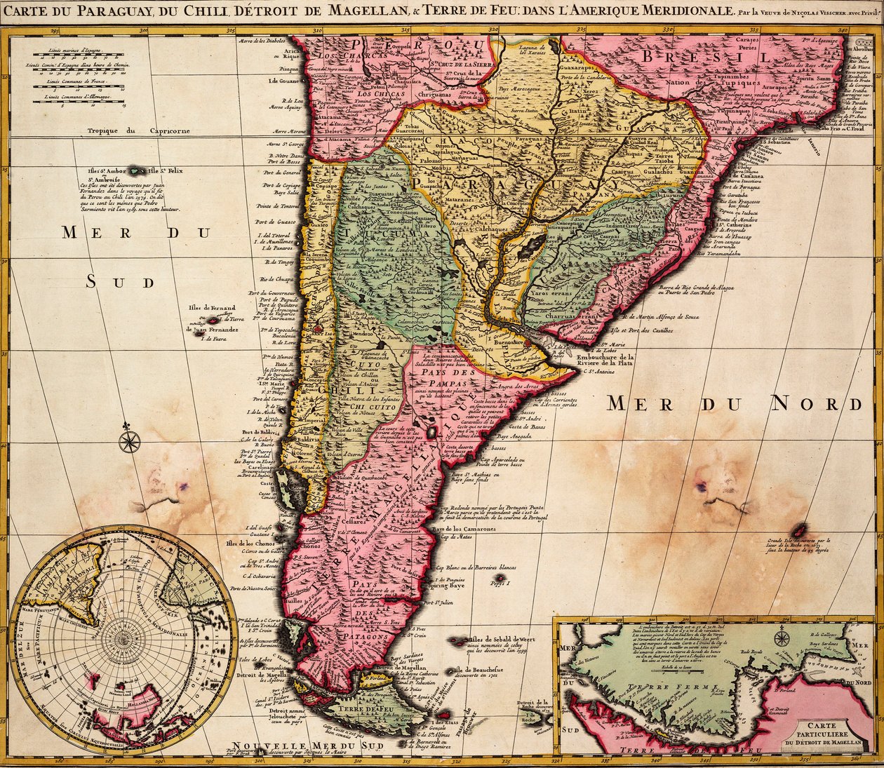 Kartta Paraguaysta, Chilestä, Magellaninsalmen ja Tulimaan salmen alueesta Etelä-Amerikassa, noin 1720 (värillinen kaiverrus). tekijältä Nicolaes the Younger Visscher