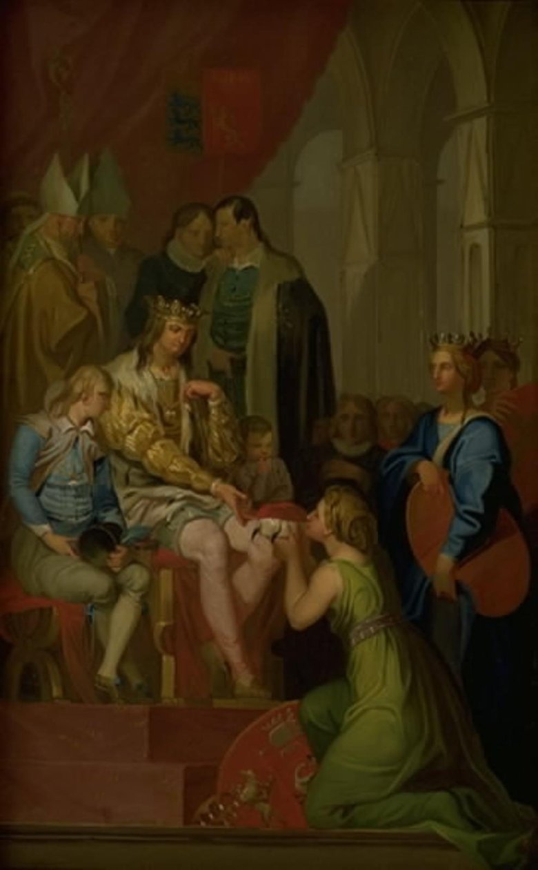 Christian I nostaa Holsteinin maakunnan herttuakunnan osavaltioksi vuonna 1460 tekijältä Nicolai Abildgaard