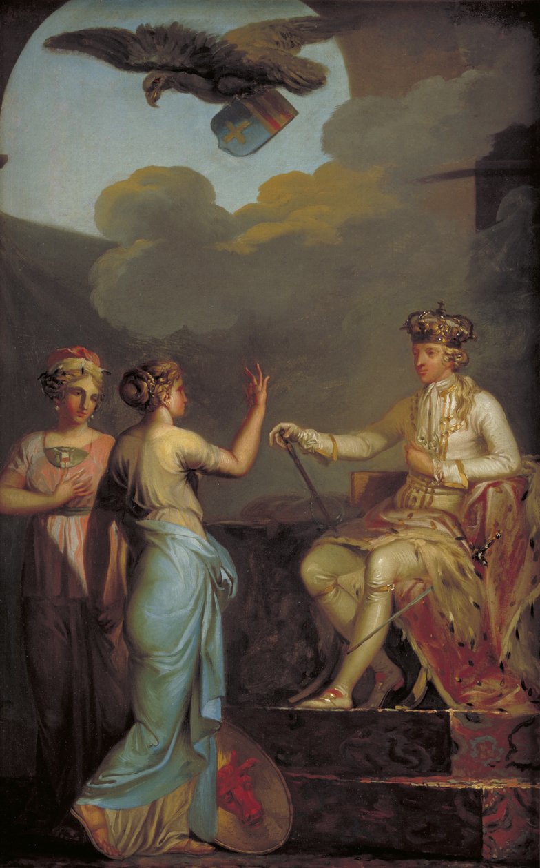 Christian VII yhdistää herttuakunnan Holsteinin kuninkaalliseen osaan vuonna 1773 tekijältä Nicolai Abildgaard