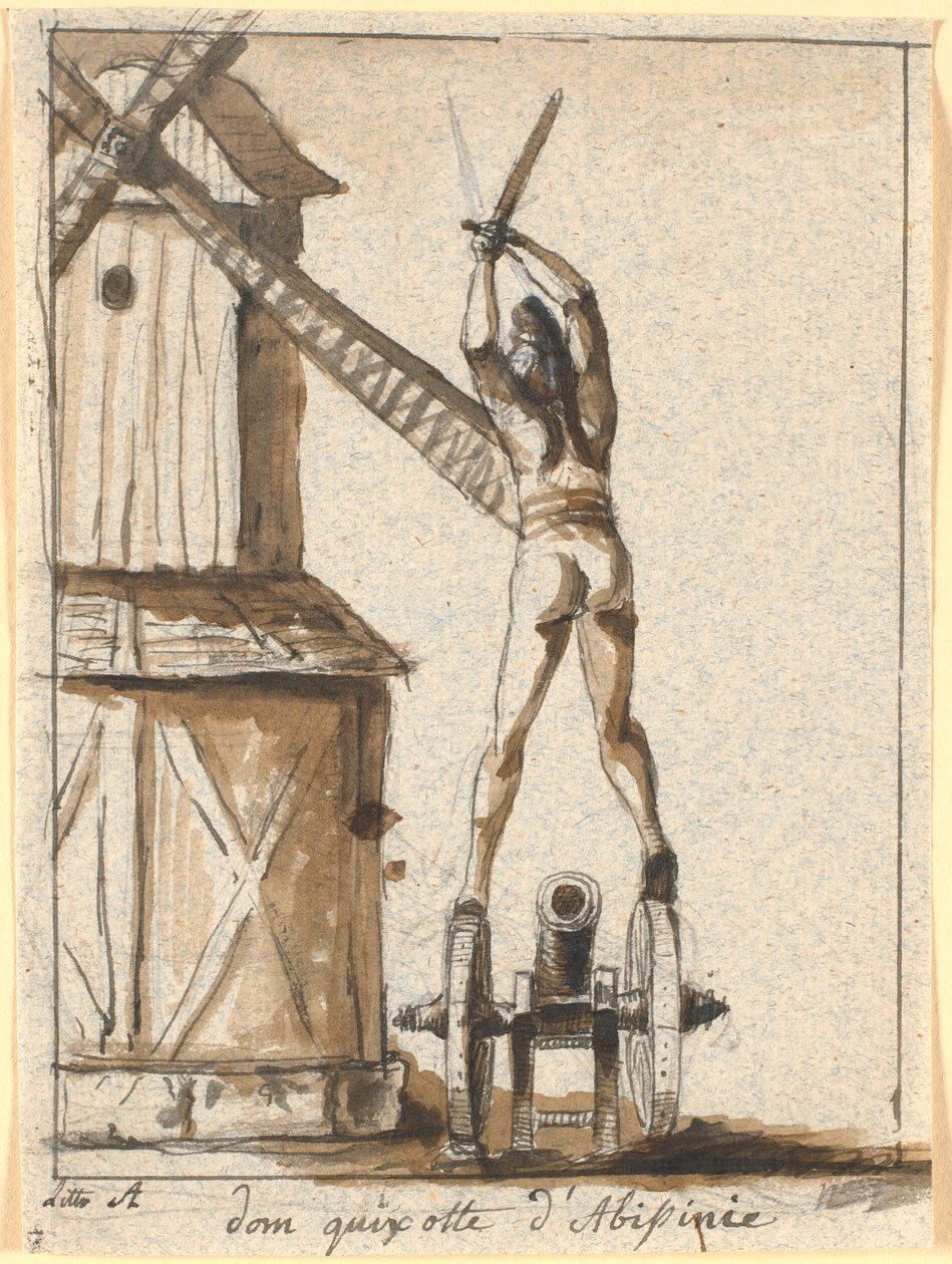 Don Quijote seisoo tykin päällä miekka nostettuna myllyn terää vasten tekijältä Nicolai Abildgaard