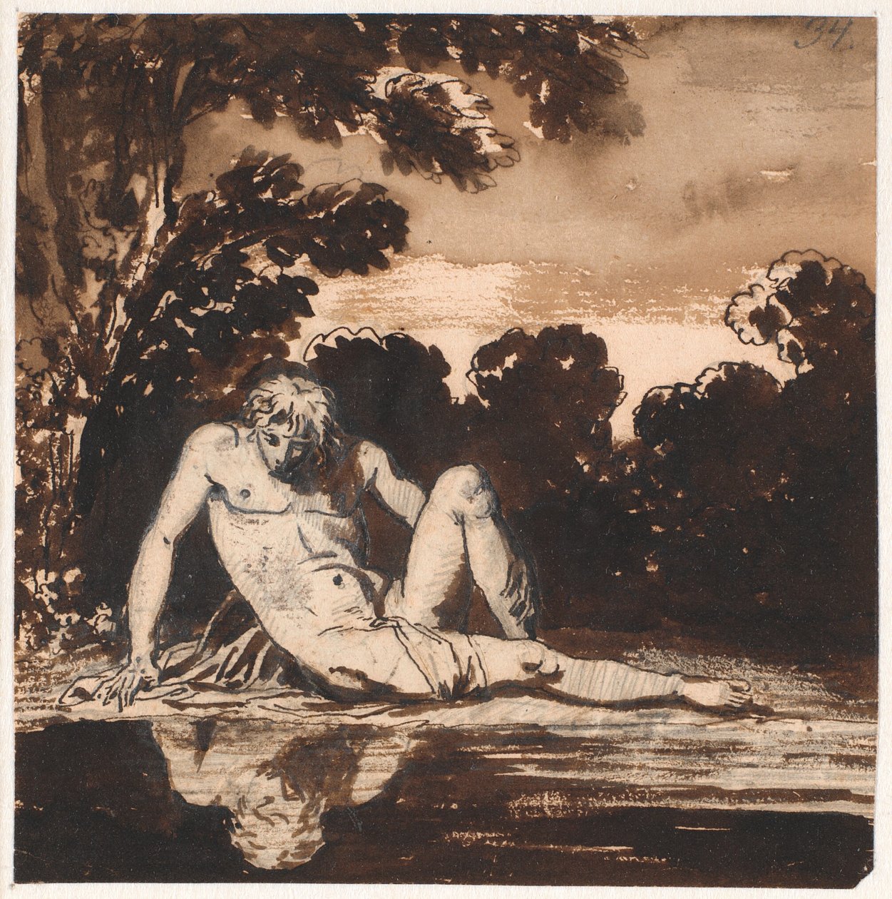 Hyachinthos, Apollon nuorukainen, Narcissus, lepäämässä puron rannalla tekijältä Nicolai Abildgaard