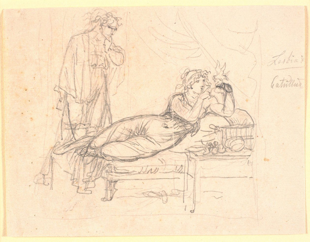Lesbia ja Catullus. Lesbia makuuasennossa pitäen lintua vasemmassa kädessään. Catullus seisoo takana tekijältä Nicolai Abildgaard