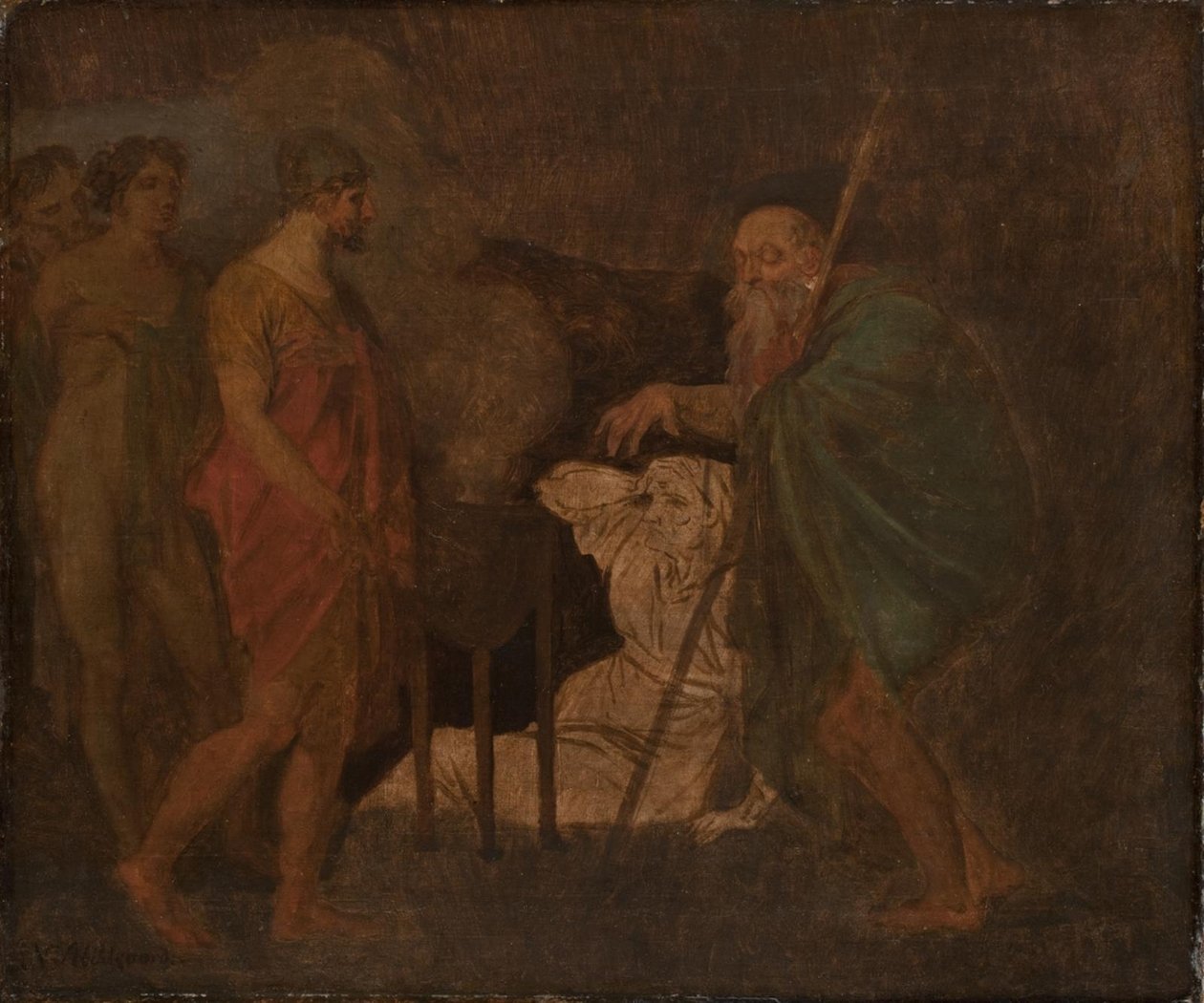 Odysseus neuvottelee Teiresiaksen kanssa. Homeroksen Odysseiasta tekijältä Nicolai Abildgaard