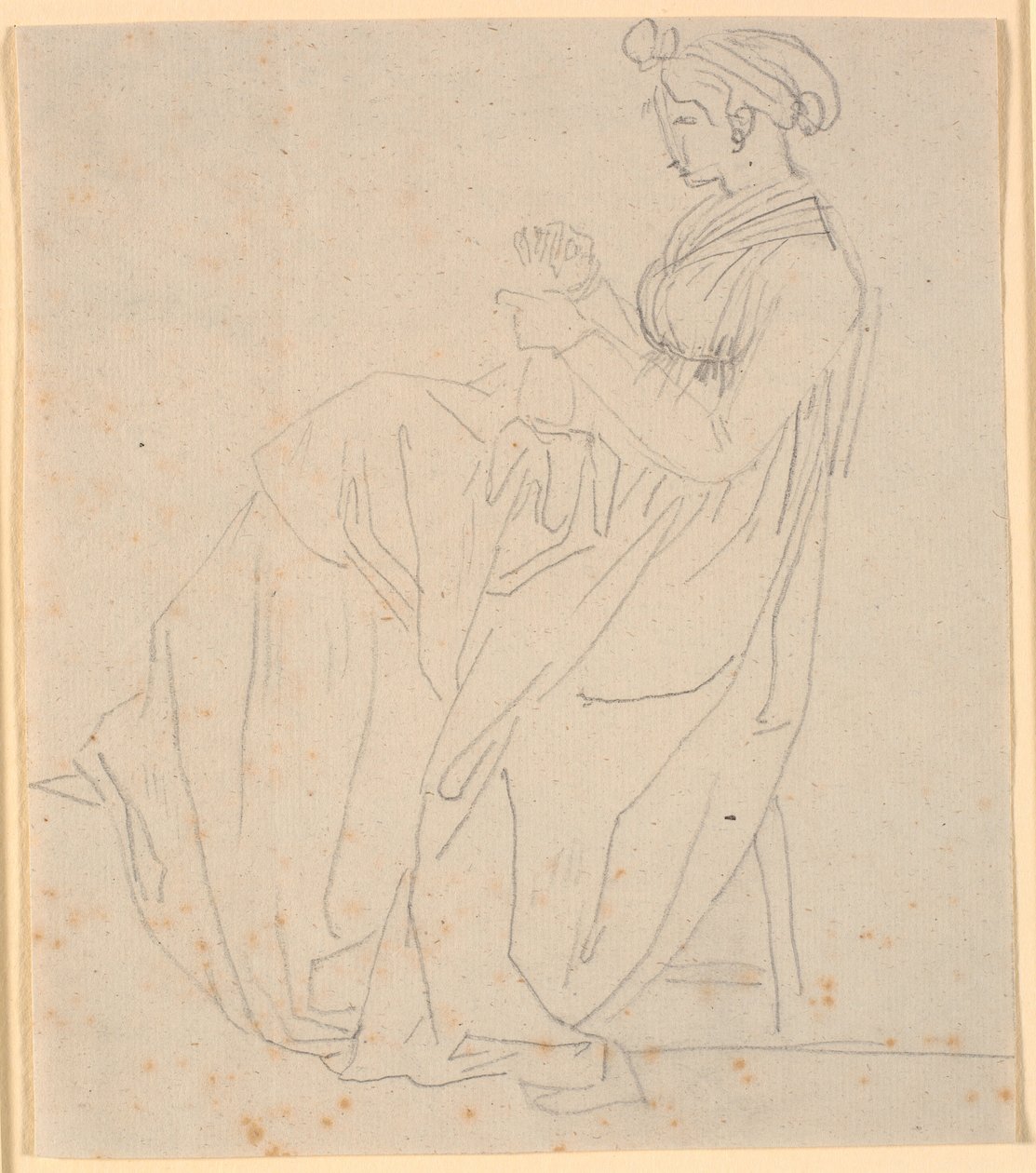 Tsee-moúnt, GrProfiilikuva taiteilijan toisesta vaimosta Juliane Marie Abildgaard s. Ottesenista, istuu ompelemalla, kokovartalo Wonder, Carrying Her Baby in Her Robe, 1832. tekijältä Nicolai Abildgaard