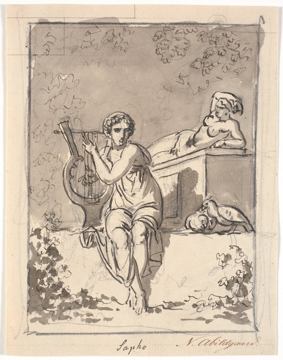 Sappho istuu lyyransa kanssa taustalla hermafrodiitti tekijältä Nicolai Abildgaard