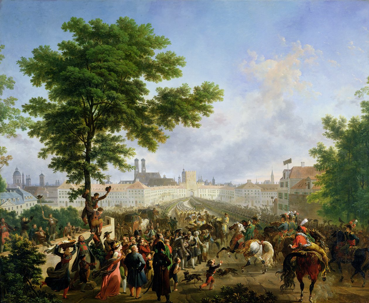 Napoleon Bonaparten (1769-1821) ja Ranskan armeijan saapuminen Müncheniin 24. lokakuuta 1805, 1808. tekijältä Nicolas Antoine Taunay