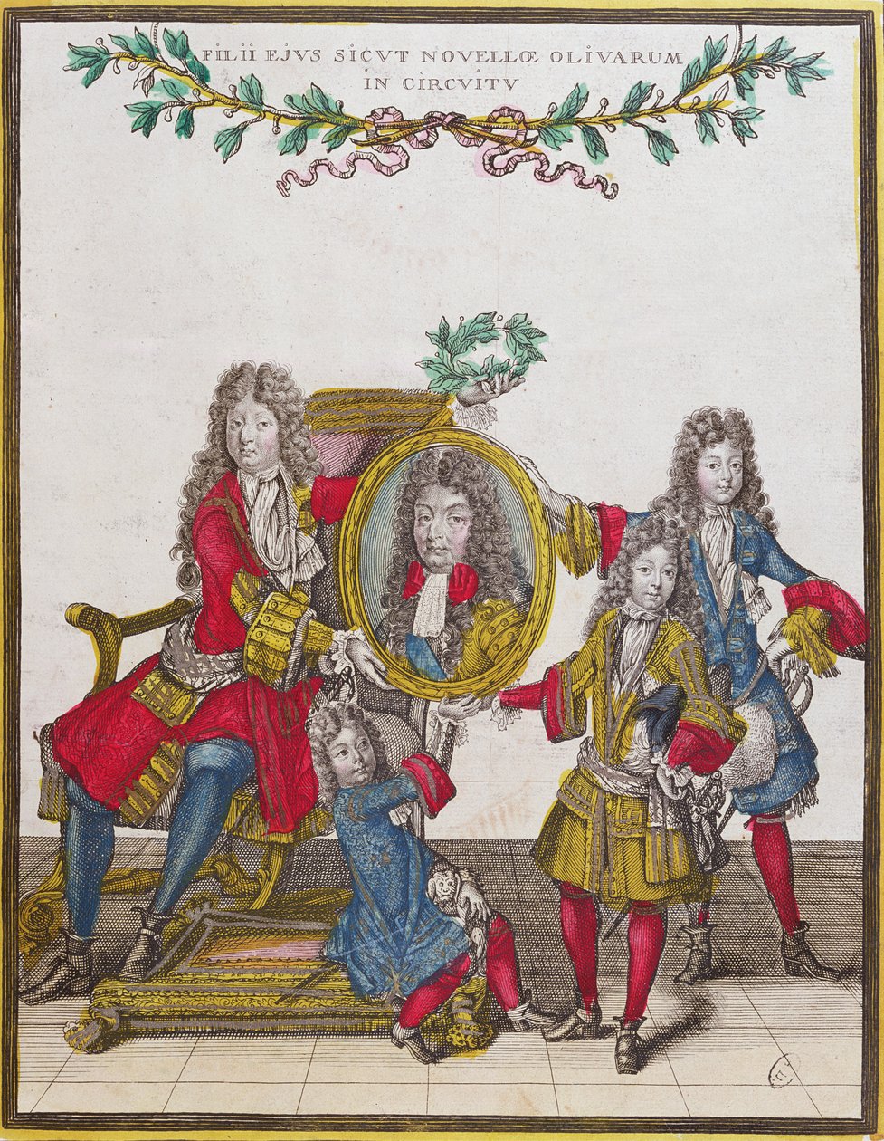 Ranskan kuninkaallinen perhe hallussaan muotokuvaa Ludvig XIV:stä 1600-luvun lopulla (värikaiverrus) tekijältä Nicolas Arnoult