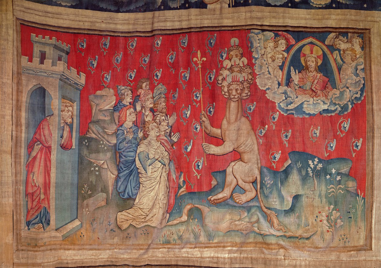 Pedon palvonta, Angersin Apocalypse Tapestry, 1373-87 (kuvakudos) tekijältä Nicolas Bataille