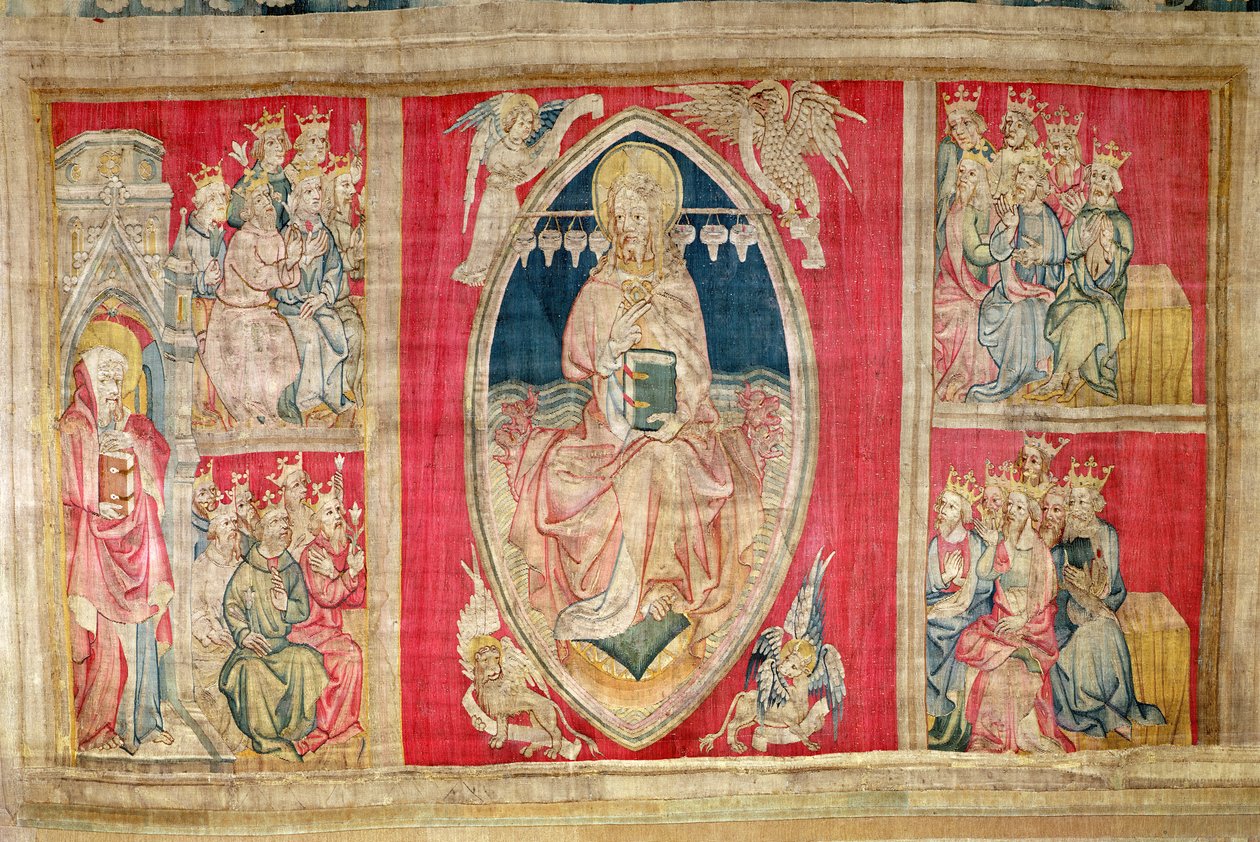 Kristus valtaistuimelle maailmanlopun petojen ja kahdenkymmenenneljän vanhimman kanssa, nro 4 "The Apocalypse of Angers", 1373-87 (kuvakudos) tekijältä Nicolas Bataille