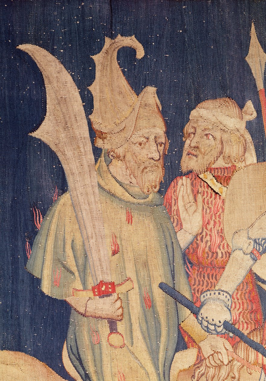 Yksityiskohta kavalierista Myriads of Lionsista, Angersin Apocalypse Tapestry, 1373-87 kuvakudos tekijältä Nicolas Bataille