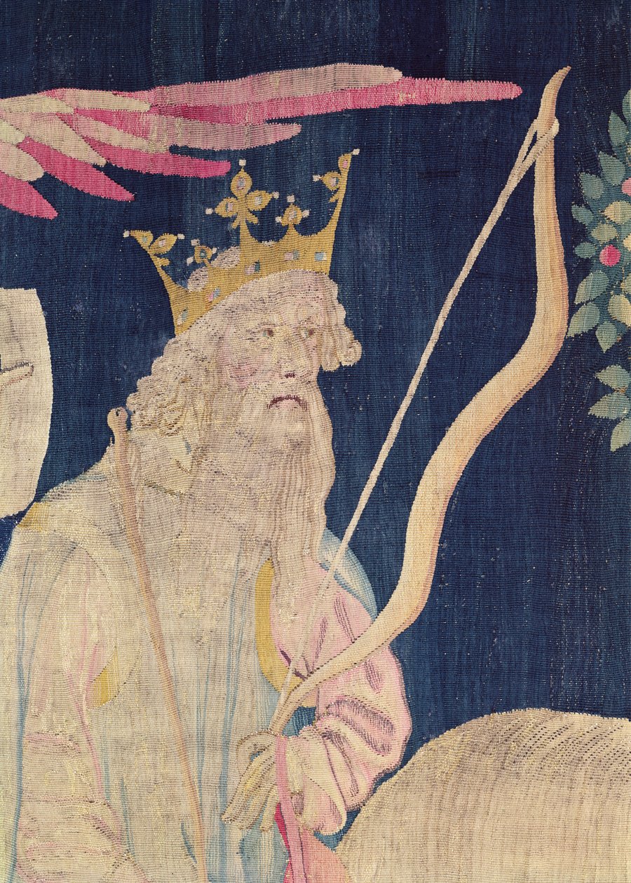 Yksityiskohta valkoisen hevosen ratsastajasta, Angersin Apocalypse Tapestry, 1373-1387 kuvakudos tekijältä Nicolas Bataille