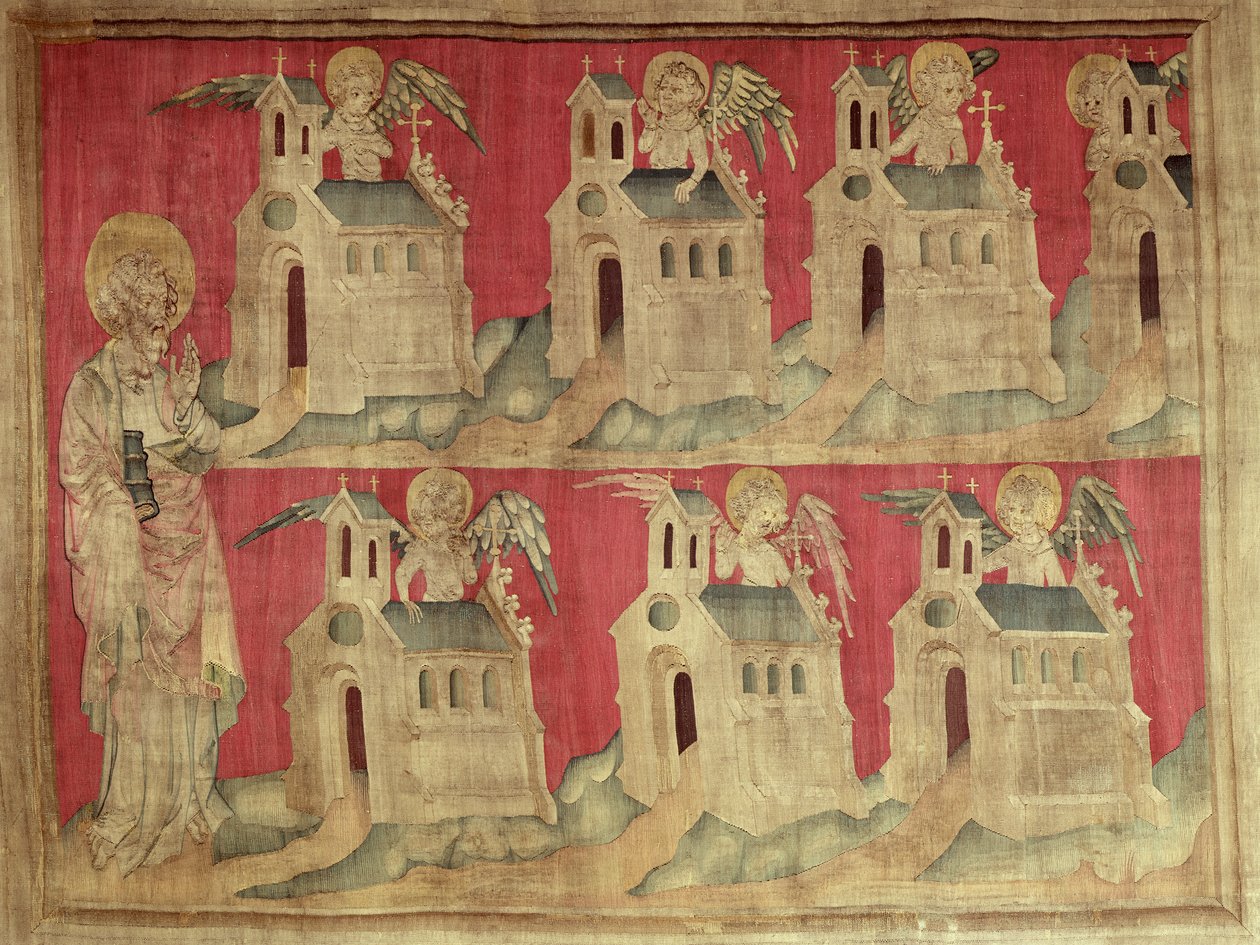 Pyhän Johanneksen ja Aasian seitsemän kirkkoa, nro 2 teoksesta "The Apocalypse of Angers", 1373-87 (kuvakudos) tekijältä Nicolas Bataille