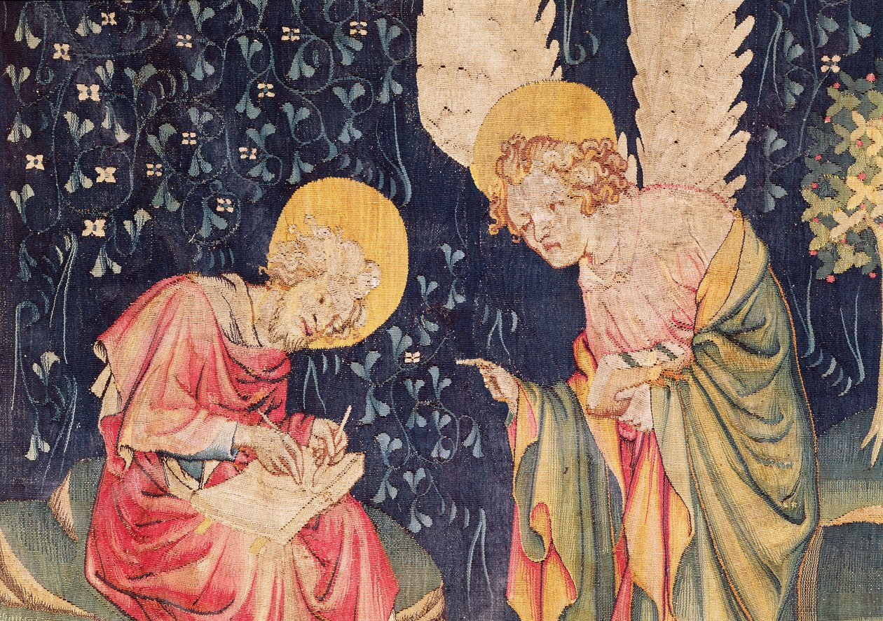 Pyhä Johannes enkelin kanssa, yksityiskohta nro 70:sta The Apocalypse of Angers, 1373-87 kuvakudos tekijältä Nicolas Bataille