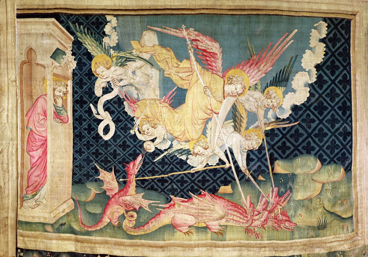 Pyhä Mikael ja hänen enkelinsä taistelevat lohikäärmettä vastaan, nro 36 "The Apocalypse of Angers", 1373-87 (kuvakudos) tekijältä Nicolas Bataille
