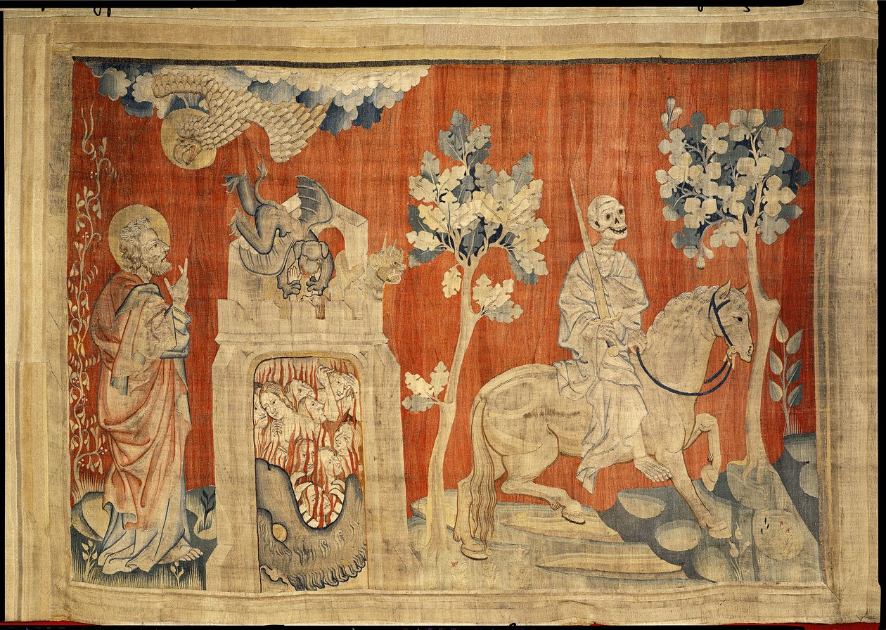 Neljännen sinetin avaus, joka kuvaa kuolemaa kalpealla hevosella, nro 12 "The Apocalypse of Angers", 1373-87 (kuvakudos) tekijältä Nicolas Bataille