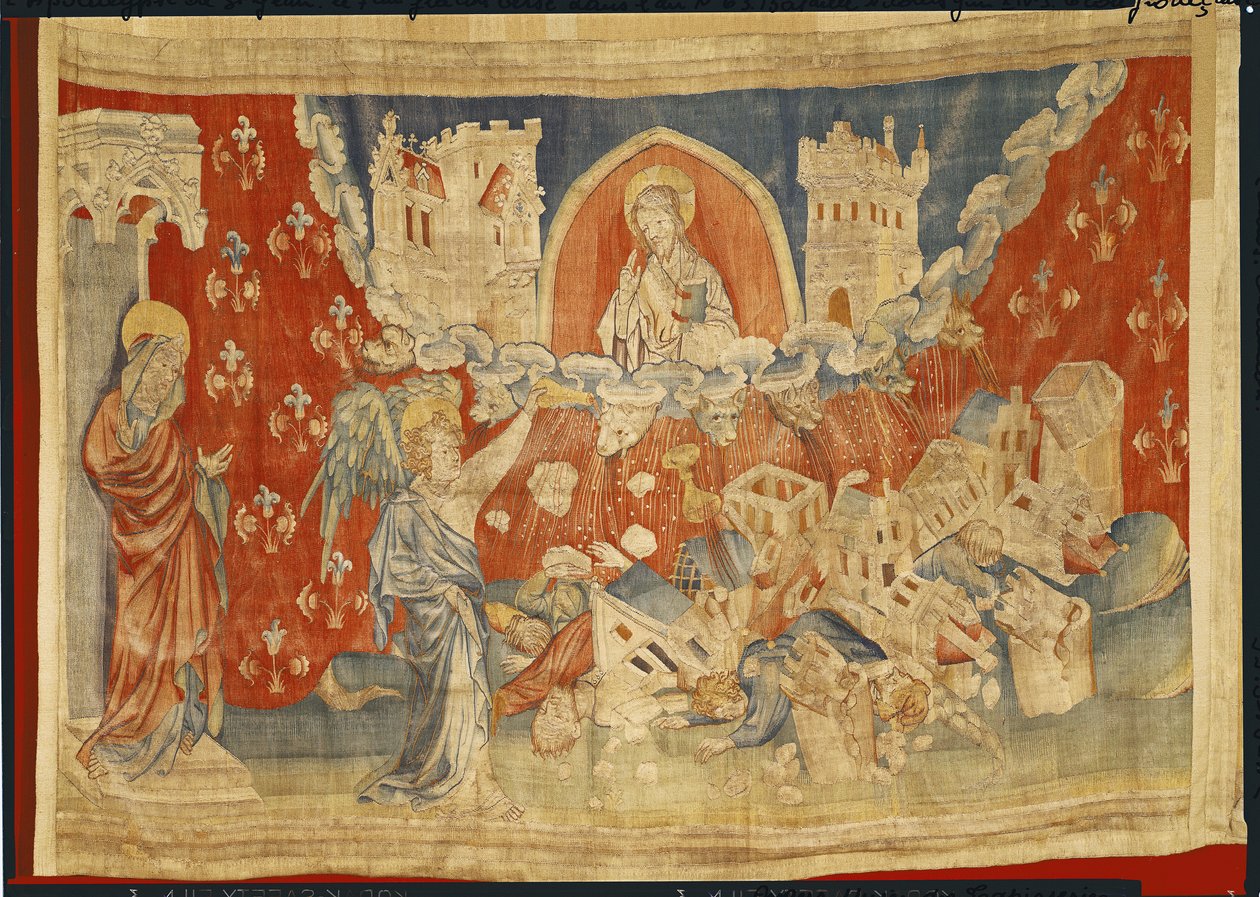Seitsemän vihan maljaa ja Babylonin tuho, nro 63 Angersin apokalypsi-teoksessa, 1373-87 (kuvakudos). tekijältä Nicolas Bataille
