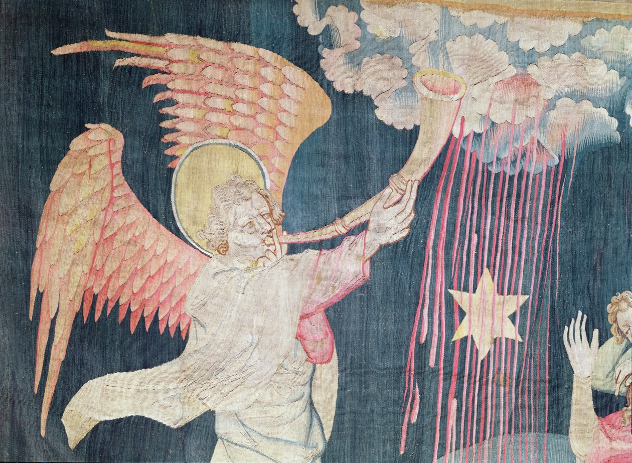 Kolmas trumpetti ja koiruohotähti, nro 22 Angersin maailmanlopusta, 1373-87 kuvakudos yksityiskohta vuodelta 161725 tekijältä Nicolas Bataille