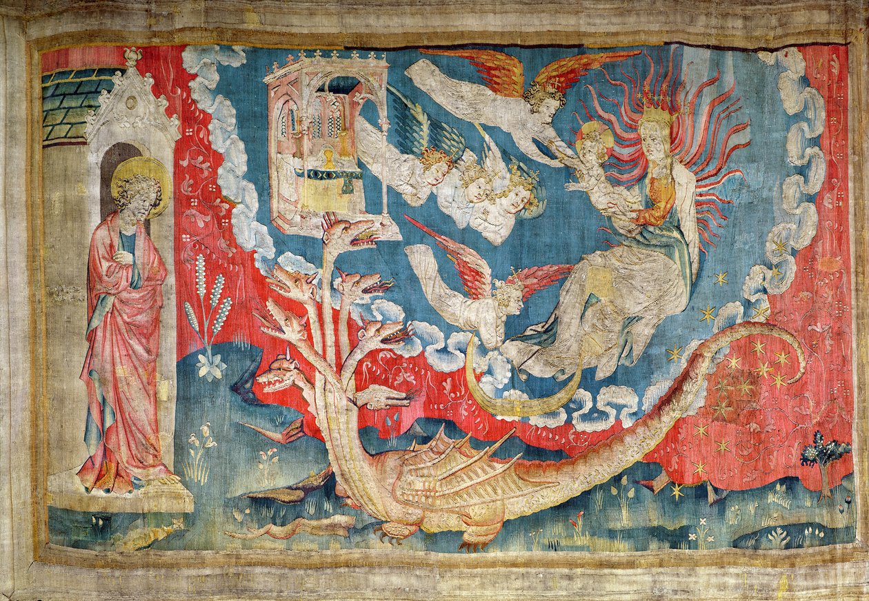 Nainen synnyttämässä ja suuri lohikäärme, joka odottaa syövänsä lapsen, nro 35, "The Apocalypse of Angers", 1373-87 (kuvakudos) tekijältä Nicolas Bataille
