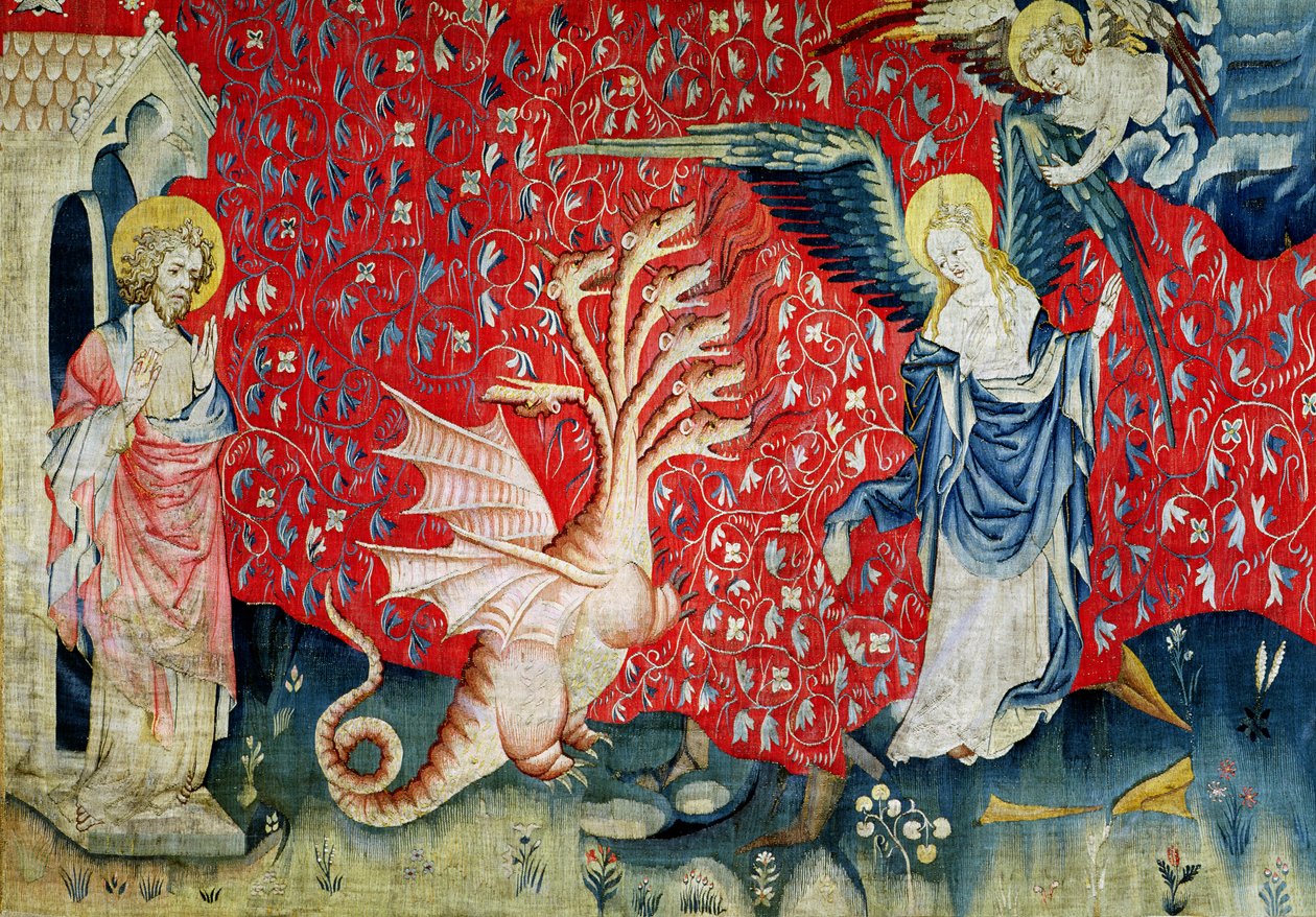 The Woman Receiving Wings to Flee the Dragon, nro 37 "The Apocalypse of Angers", 1373-87 (kuvakudos) tekijältä Nicolas Bataille
