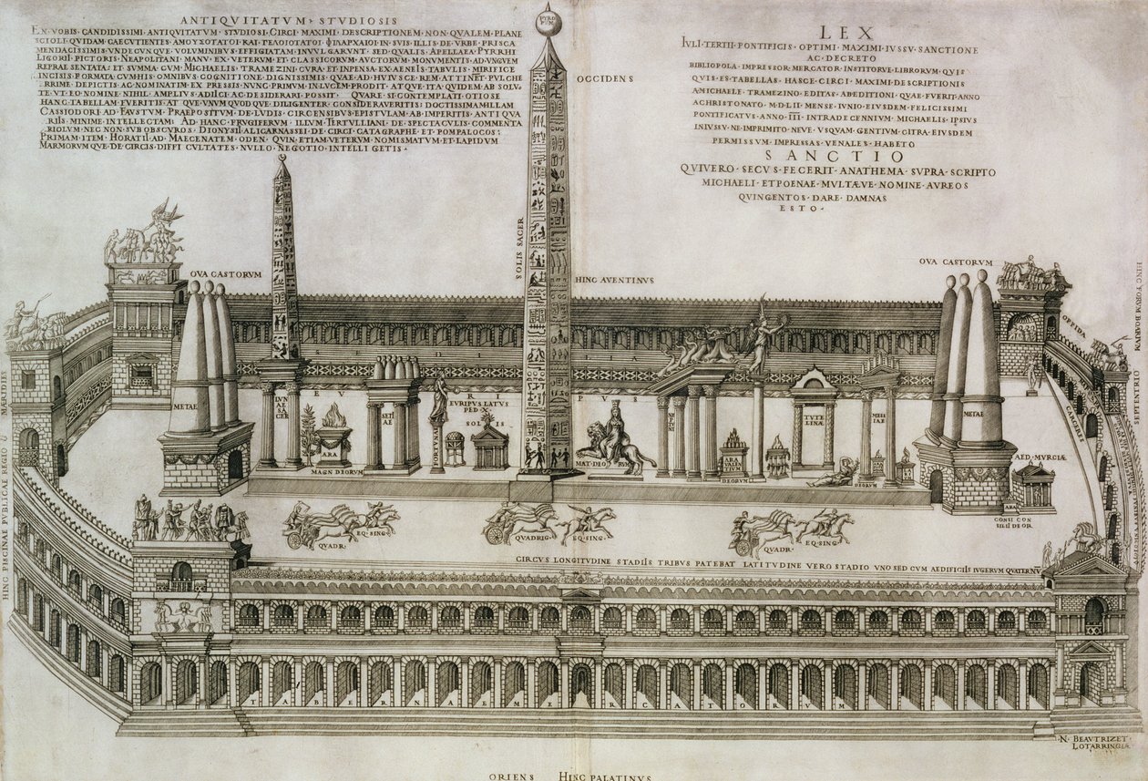 Piirustus Circus Maximusista, Rooma, taiteilijan kaivertama, 1552 tekijältä Nicolas Beautrizet