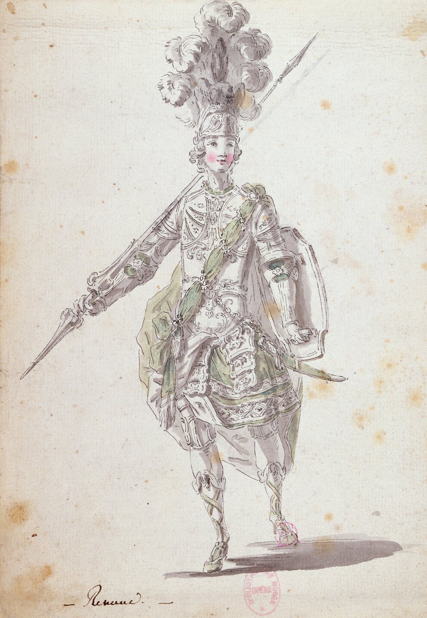 Rinaldon puku vuonna 1761 esitetyssä oopperassa "Rinaldo ja Armida" (kynä ja muste sekä wc-pesu paperilla) tekijältä Nicolas Boquet