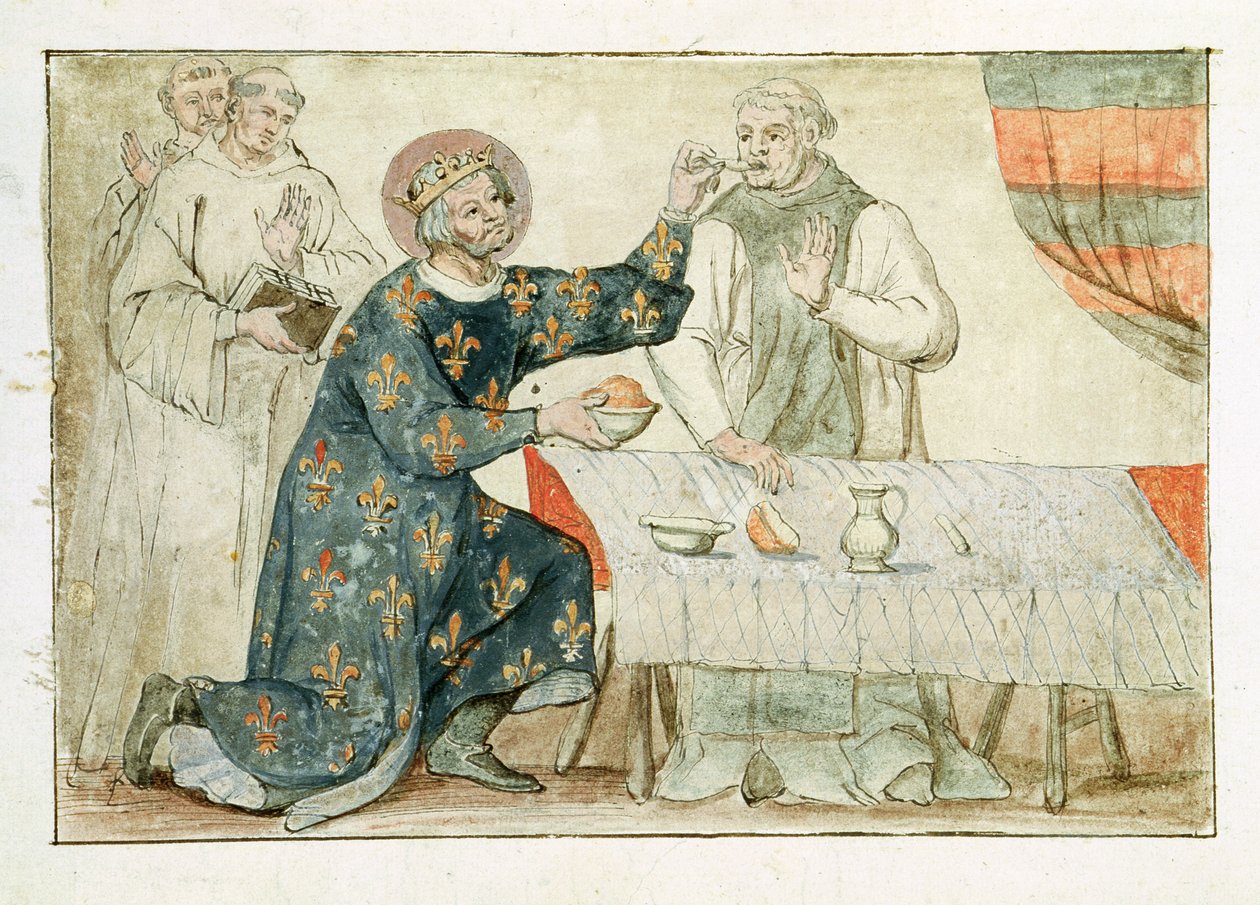 Ms 1779 fol.81 Pyhä Ludvig ruokkimassa kurjaa munkkia, kirjasta "Memoires pour la Vie de Saint Louis". tekijältä Nicolas Claude Fabri de Peiresc