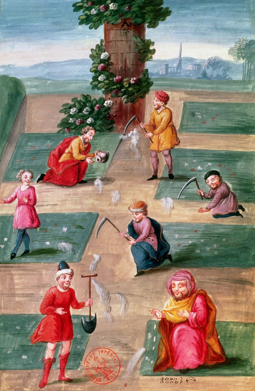 rouva Fr. 14765 f.42-43 ranskalaiset alkemistit etsivät materiaalista kultaa, väitetään kirjoittaneen Nicolas Flamel (n. 1330-1418) tekijältä Nicolas Flamel