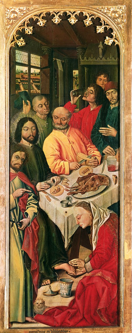 Lasaruksen ylösnousemus Triptyykki, oikea paneeli Maria Magdaleena pesee Kristuksen jalkoja, 1461 tekijältä Nicolas Froment