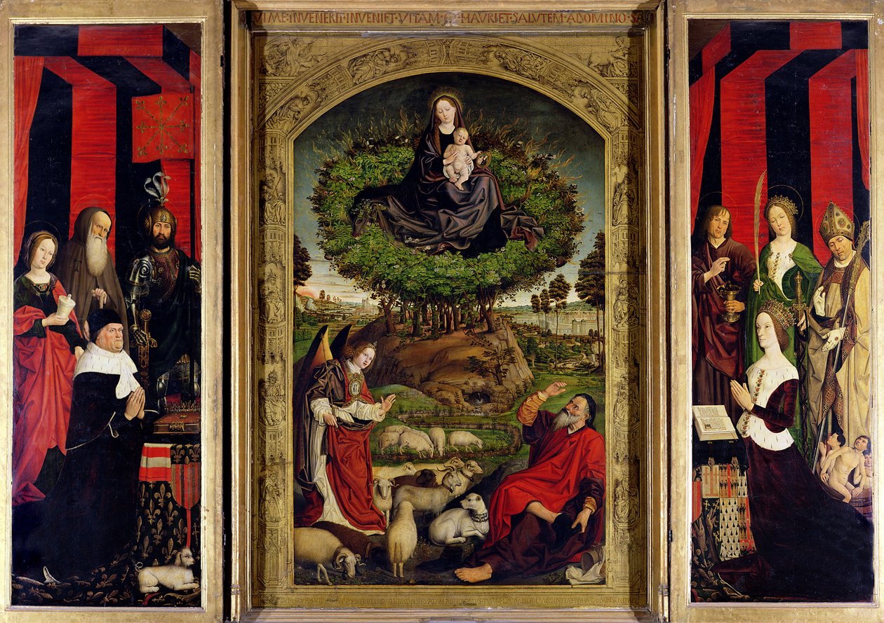 Mooseksen triptyykki ja palava pensas, n. 1476 (katso myös 26542 ja 232840-41) tekijältä Nicolas Froment