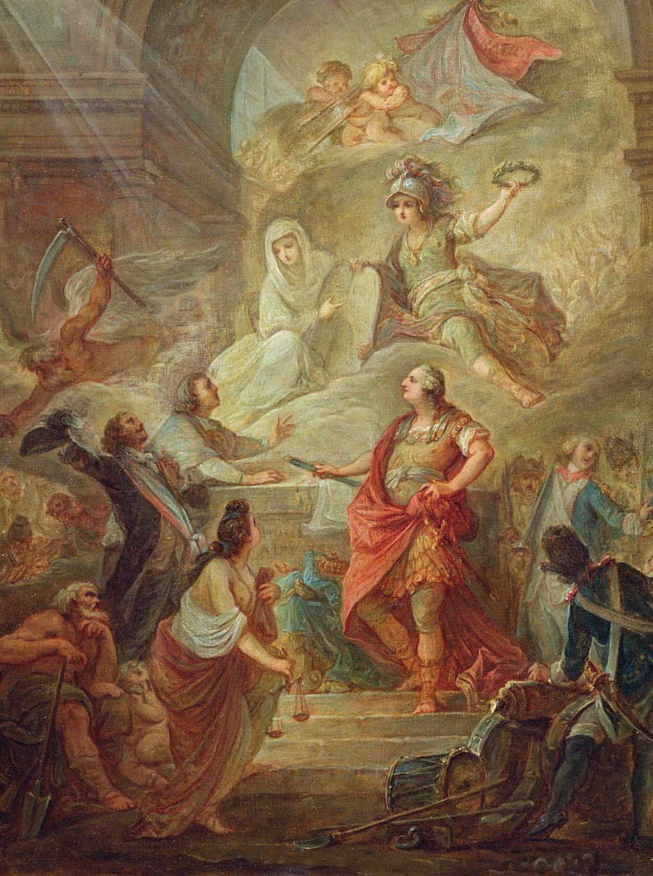 Ludvig XVI (1754-93) vannoi uskollisuutta perustuslakille isänmaan alttarilla tekijältä Nicolas Guy Brenet