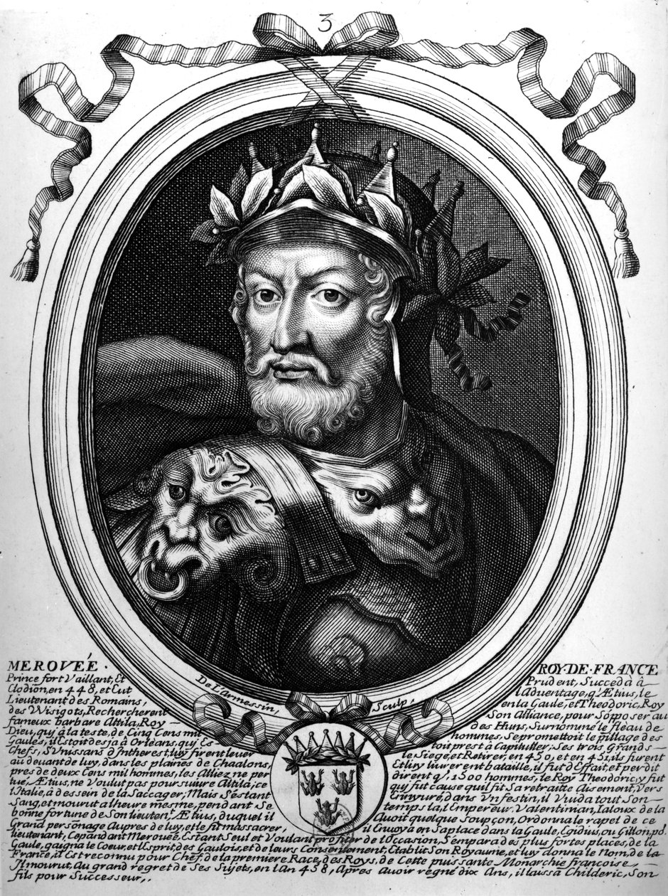 Salian frankkien kuninkaan Merovechin (k. 456) muotokuva teoksesta "Les Augustes Representations de tous les Rois de France", 1714 tekijältä Nicolas II de Larmessin