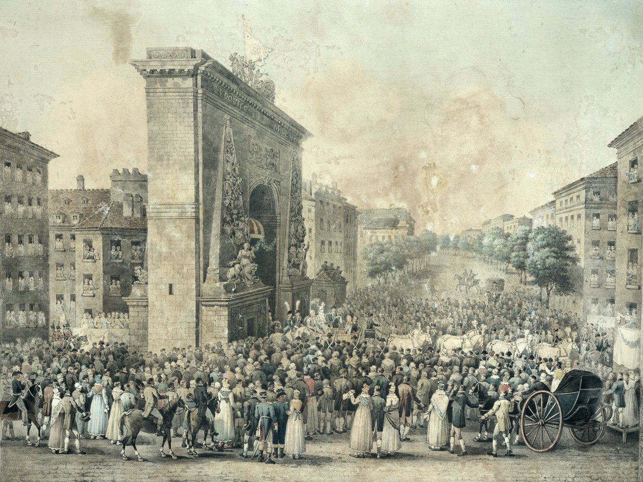 Pagpasok ni Louis XVIII (1755-1824) sa pamamagitan ng Porte Saint-Denis, 1814 (panulat at tinta at wc sa papel)finn tekijältä Nicolas Joseph Vergnaux