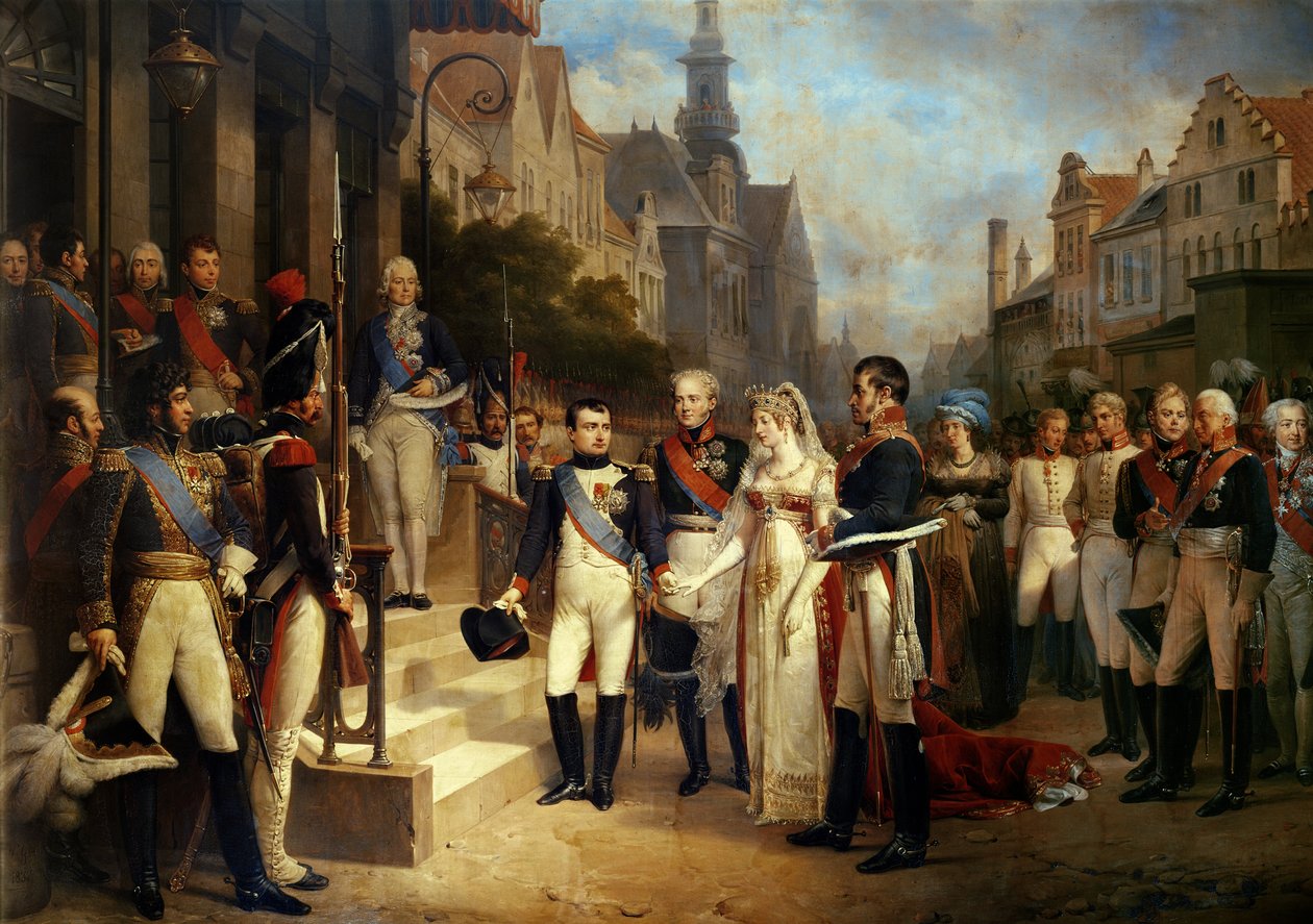 Napoleon Bonaparte (1769-1821) vastaanottaa Preussin kuningatar Louisan (1776-1810) Tilsitissä, 6. heinäkuuta 1807, 1837 (katso yksityiskohdat 167359) tekijältä Nicolas Louis Francois Gosse