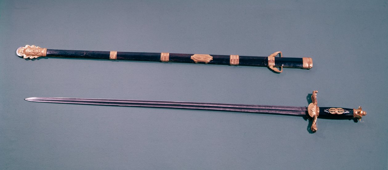 Päällikön kaksiteräinen miekka Saint Cloudin vallankaappaustapahtuman aikana 18. brumaire ja 8. (9. marraskuuta 1799) (metalli) tekijältä Nicolas Noel Boutet