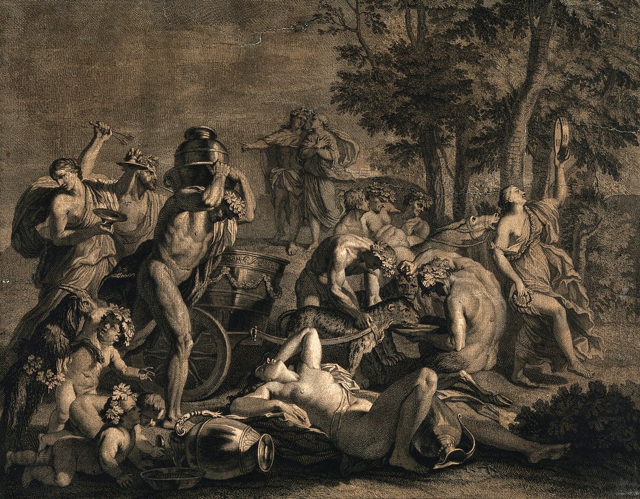 Bacchanalian -kokoontuminen leopardien kanssa tekijältä Nicolas Poussin