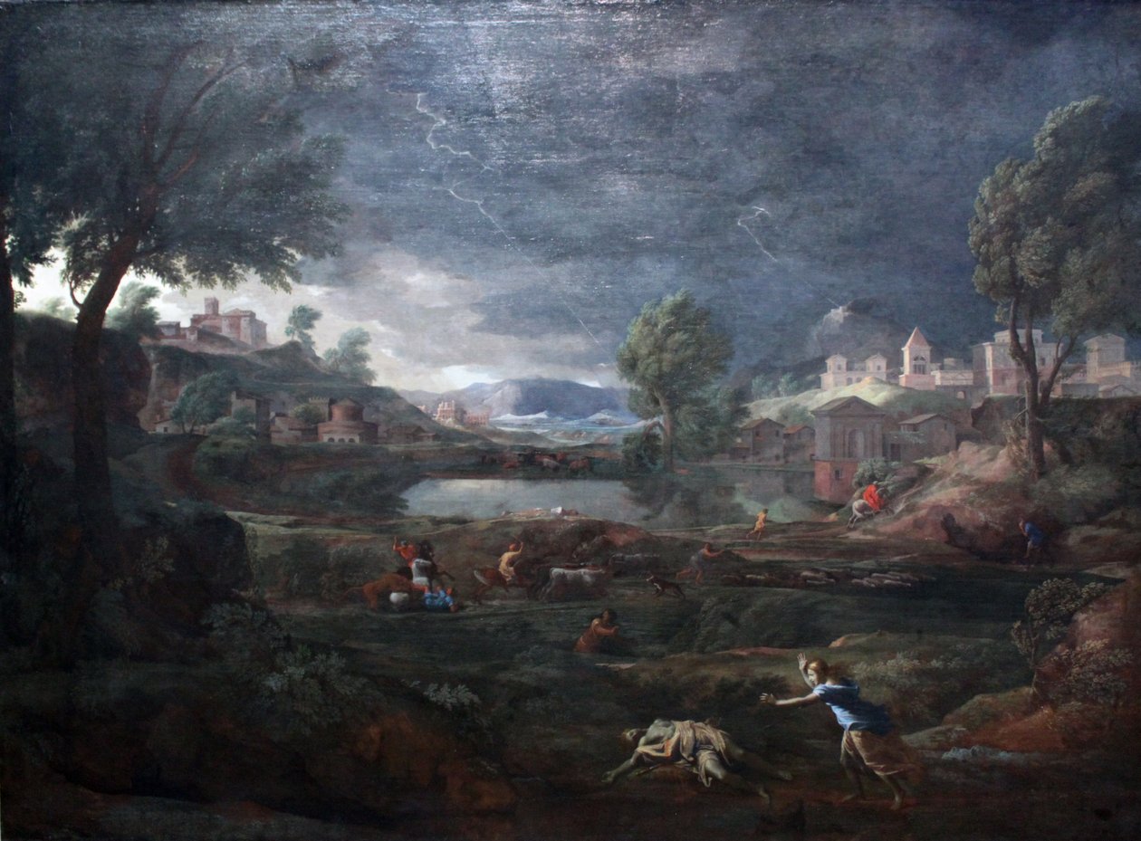 Maisema ukkosmyrskyn aikana Pyramuksen ja Thisben kanssa tekijältä Nicolas Poussin