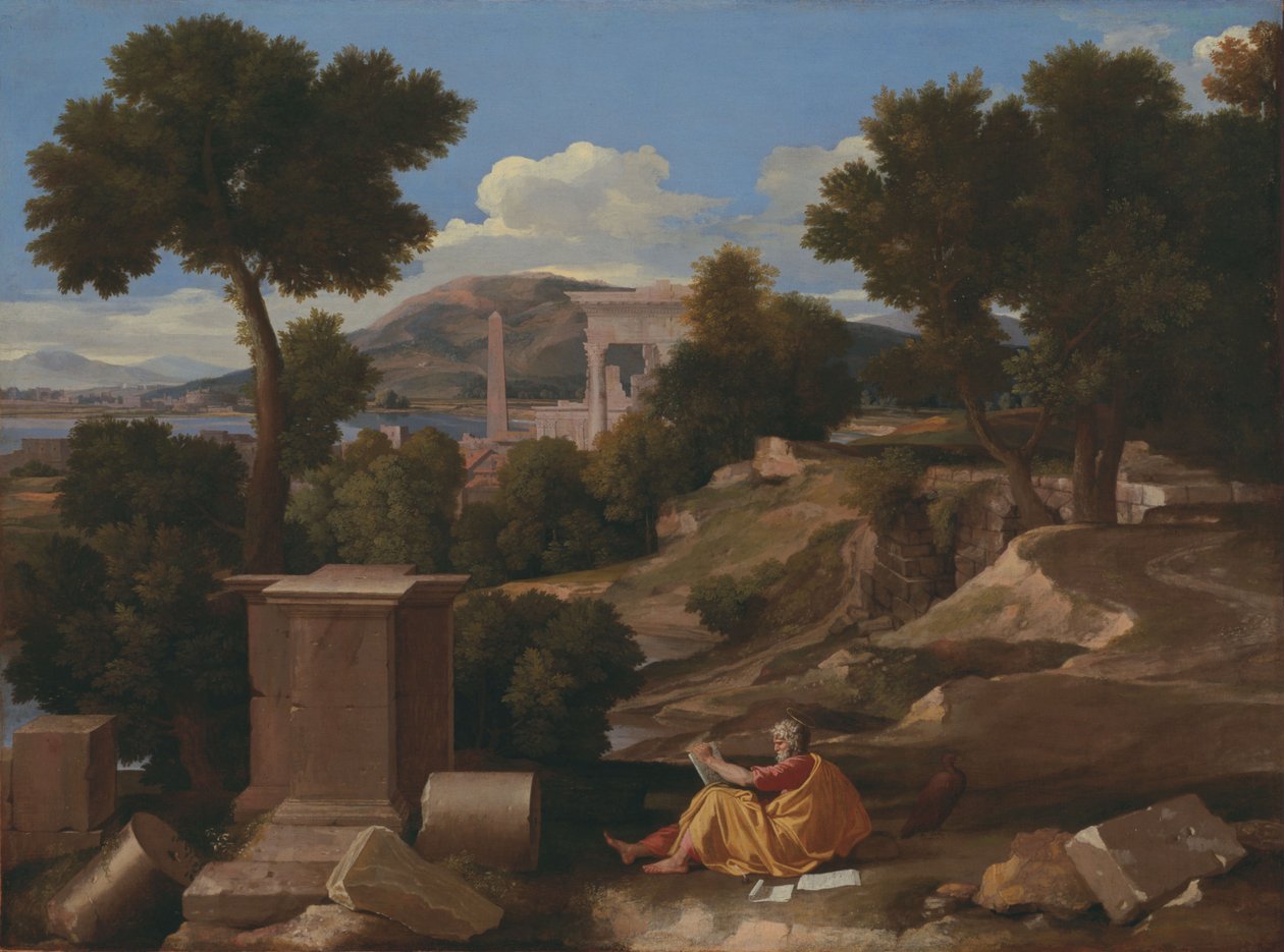 Maisema Pyhän Johanneksen kanssa Patmosilla tekijältä Nicolas Poussin