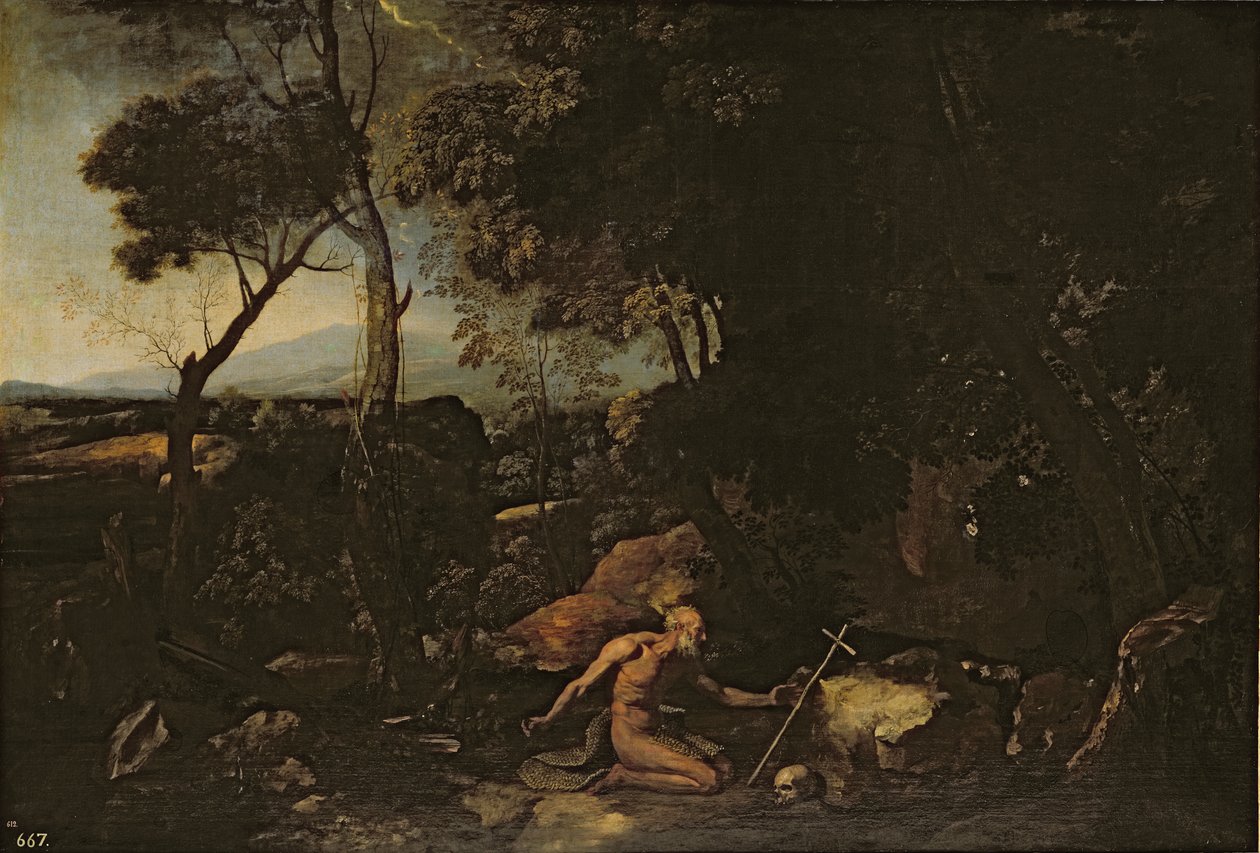 Maisema Pyhän Hieronymuksen kanssa tekijältä Nicolas Poussin